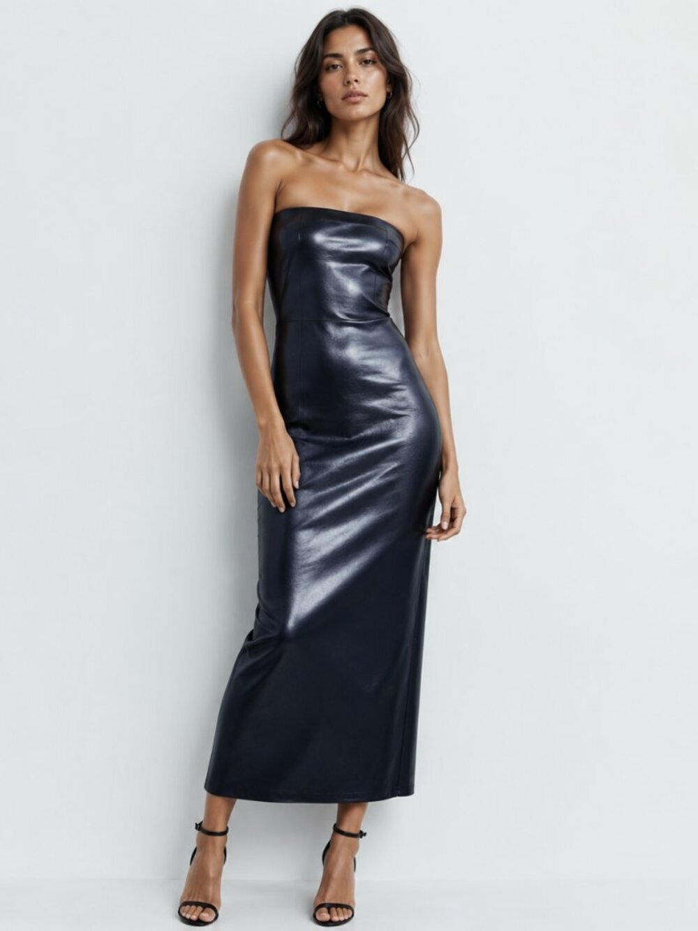 Zara Foil Knit Bodycon Midi Maxi Dress Dark Metalic Navy Blue Size Small